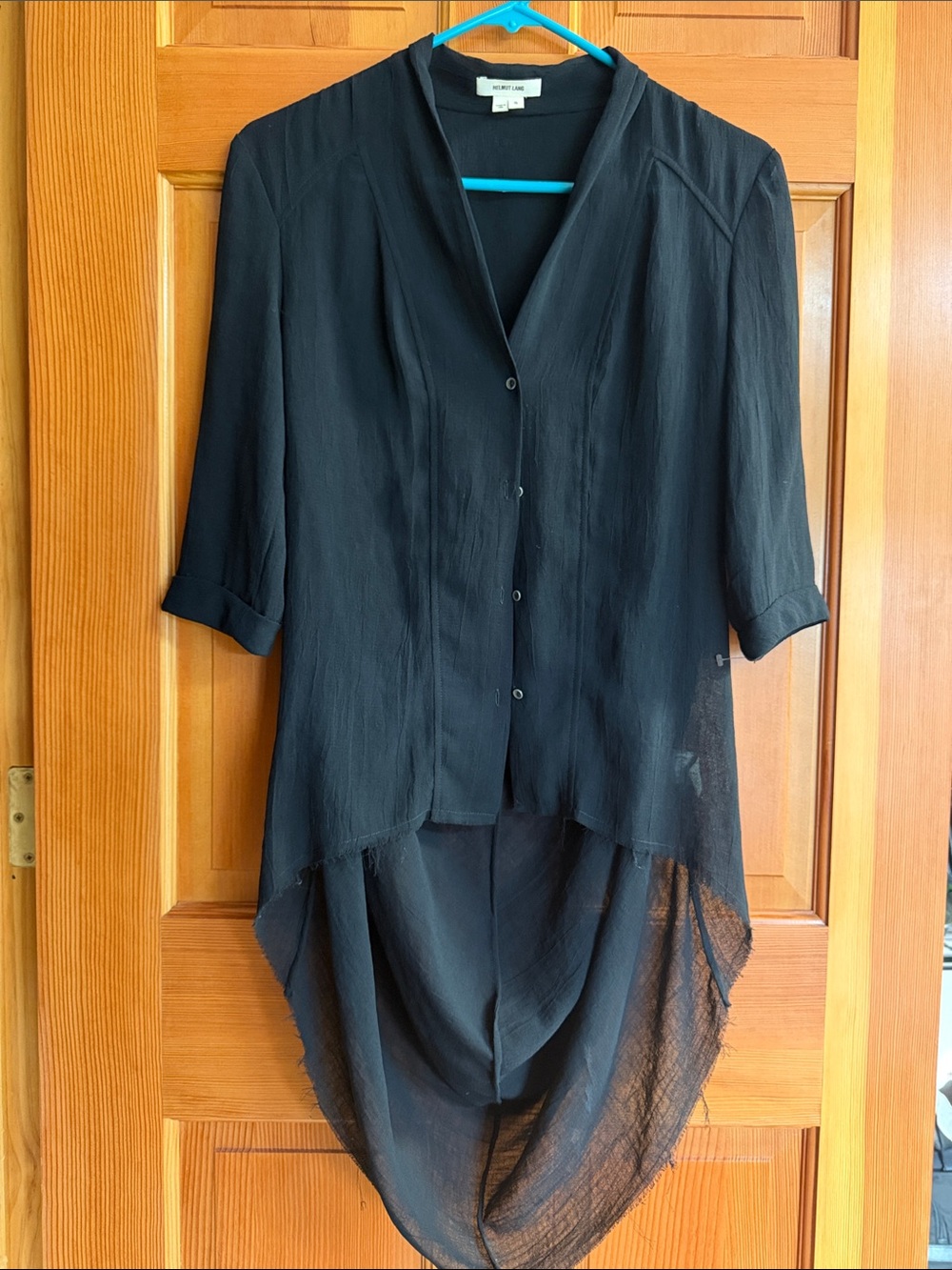 Helmut Lang Black Draped High Low Raw Hem Blouse Size S
